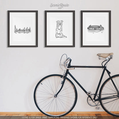 A group of three framed drawings on a white wall with a bicycle leaning against the wall.  The line art drawings include the Chicago Skyline, a Border Collie Dog, and Wrigley Field in Chicago