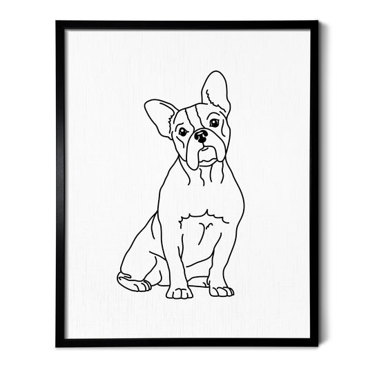 A drawing of a Boston Terrier dog on white linen paper in a thin black picture frame