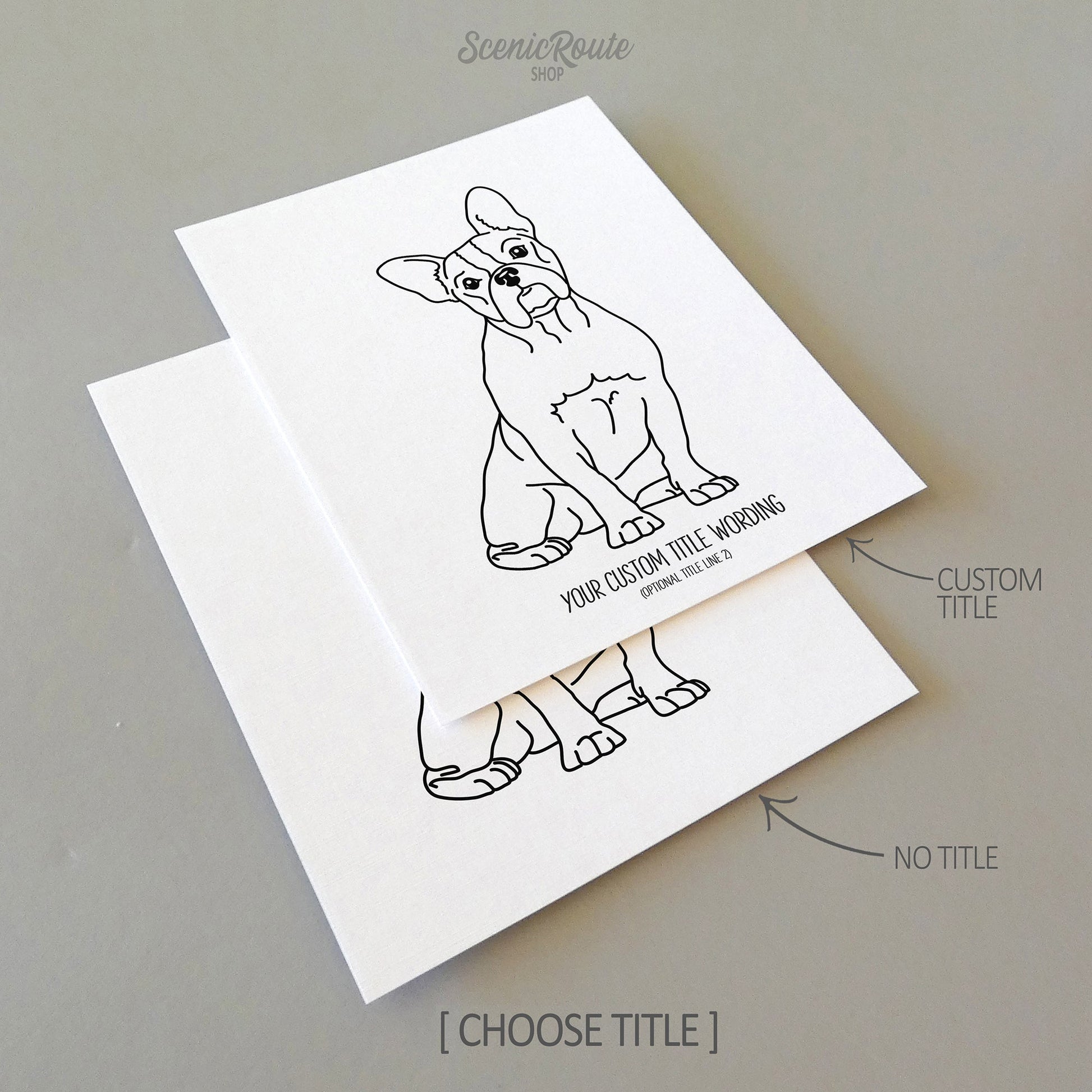 Two drawings of a Boston Terrier dog on white linen paper with a gray background.  Pieces are shown with “No Title” and “Custom Title” options to illustrate the available art print options.