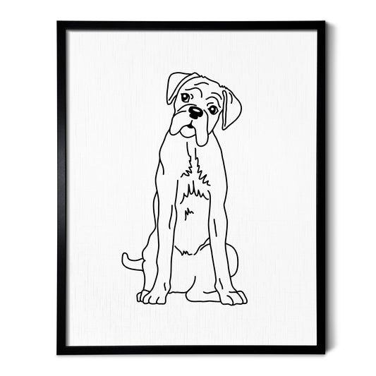 A drawing of a Boxer dog on white linen paper in a thin black picture frame