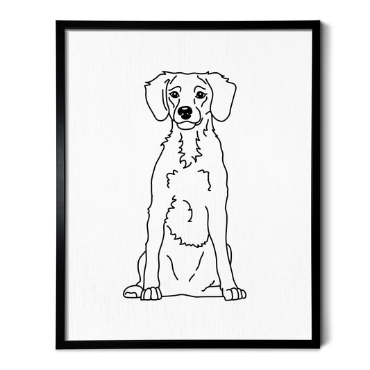 A drawing of a Brittany Spaniel dog on white linen paper in a thin black picture frame
