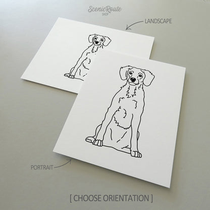 Two drawings of a Brittany Spaniel dog on white linen paper with a gray background.  Pieces are shown in portrait and landscape orientation options to illustrate the available art print options.