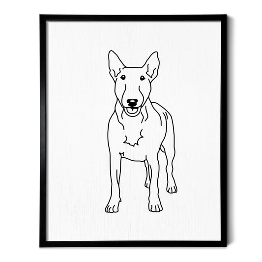 A drawing of a Bull Terrier dog on white linen paper in a thin black picture frame