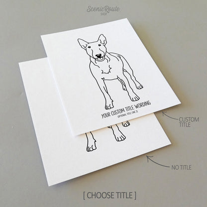 Two drawings of a Bull Terrier dog on white linen paper with a gray background.  Pieces are shown with “No Title” and “Custom Title” options to illustrate the available art print options.