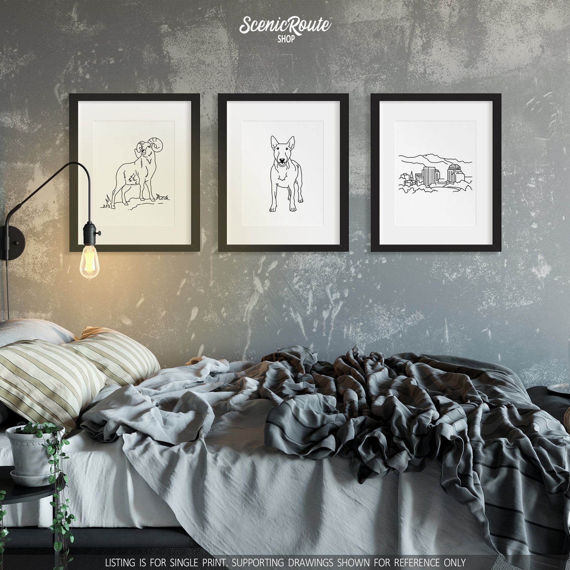 A group of three framed drawings on a concrete wall above a messy bed. The line art drawings include a Longhorn Sheep, a Bull Terrier dog, and the Colorado Springs Skyline