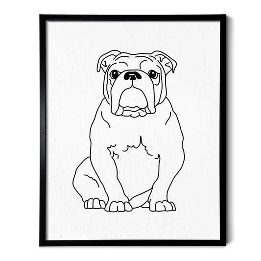 A drawing of a Bulldog dog on white linen paper in a thin black picture frame