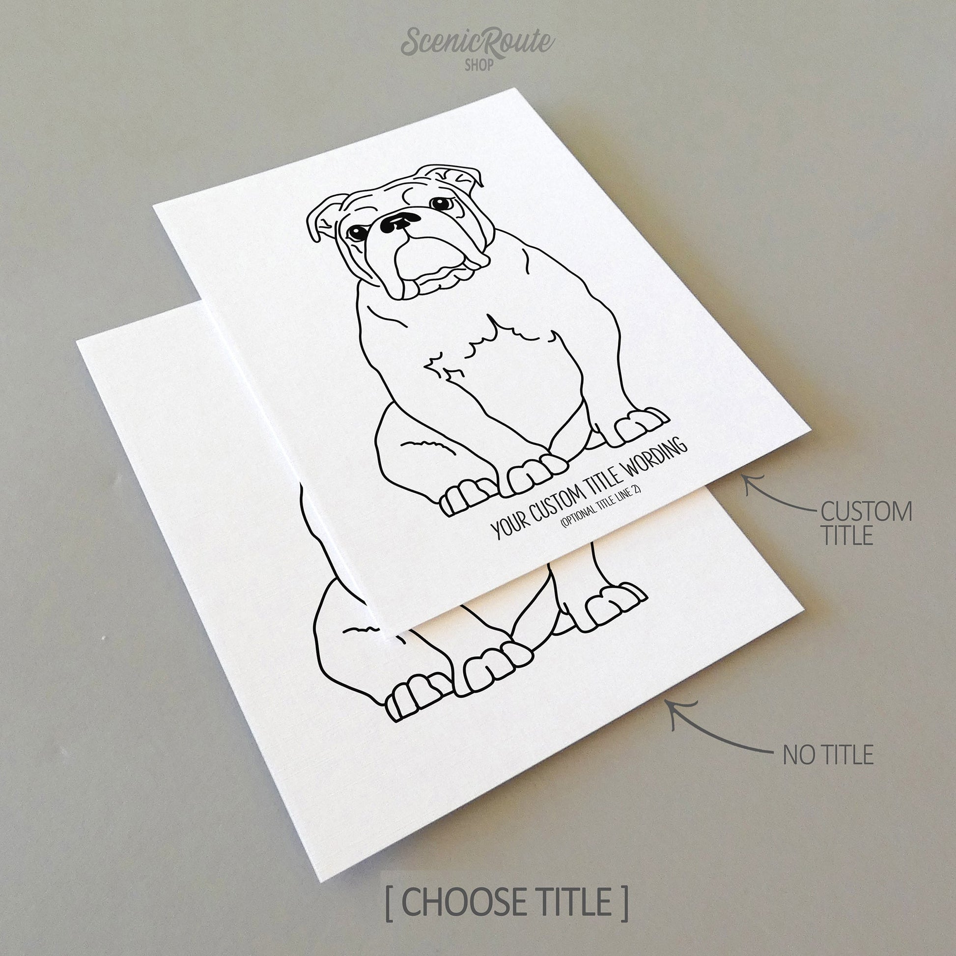 Two drawings of a Bulldog dog on white linen paper with a gray background.  Pieces are shown with “No Title” and “Custom Title” options to illustrate the available art print options.