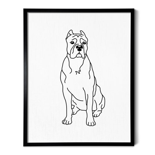 A drawing of a Cane Corso dog on white linen paper in a thin black picture frame