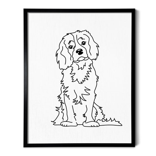A drawing of a Cavalier King Charles Spaniel dog on white linen paper in a thin black picture frame