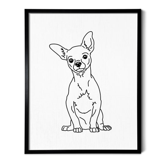 A drawing of a Chihuahua dog on white linen paper in a thin black picture frame