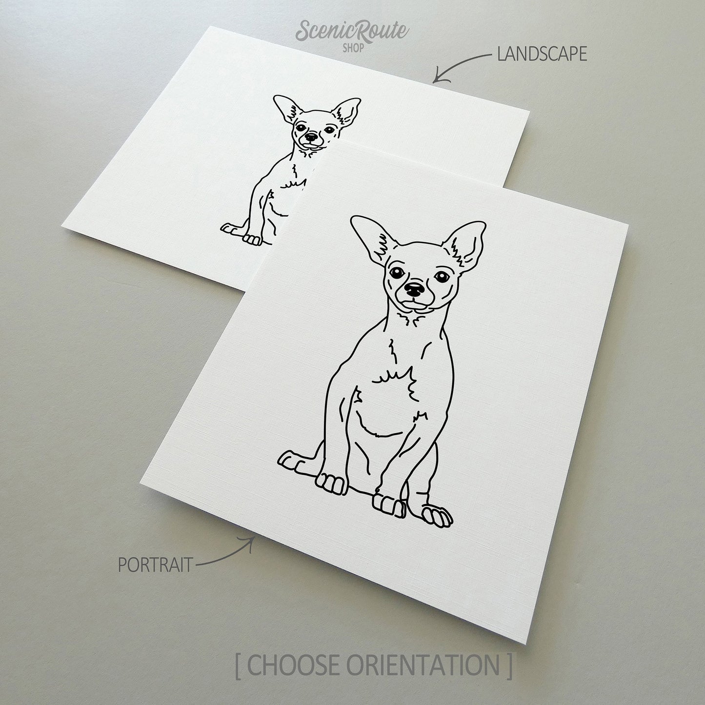 Two drawings of a Chihuahua dog on white linen paper with a gray background.  Pieces are shown in portrait and landscape orientation options to illustrate the available art print options.