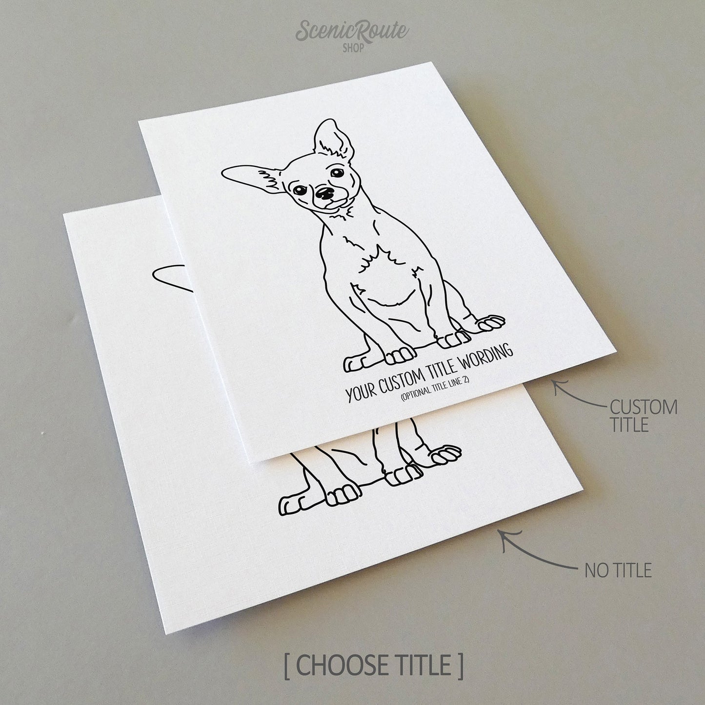 Two drawings of a Chihuahua dog on white linen paper with a gray background.  Pieces are shown with “No Title” and “Custom Title” options to illustrate the available art print options.