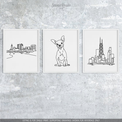 A group of three framed drawings on a concrete wall. The line art drawings include the Columbus Skyline, a Chihuahua dog, and the John Hancock Tower in Chicago