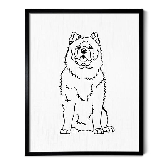 A drawing of a Chow dog on white linen paper in a thin black picture frame