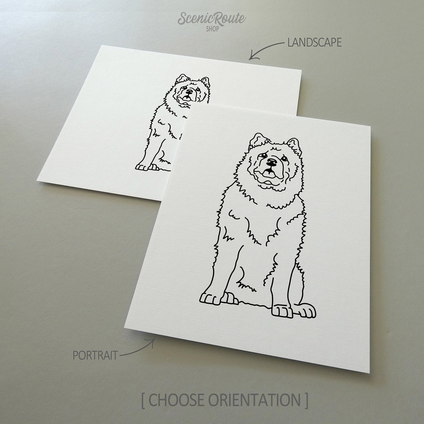 Two drawings of a Chow dog on white linen paper with a gray background.  Pieces are shown in portrait and landscape orientation options to illustrate the available art print options.
