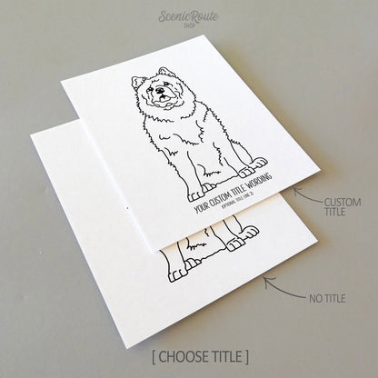 Two drawings of a Chow dog on white linen paper with a gray background.  Pieces are shown with “No Title” and “Custom Title” options to illustrate the available art print options.