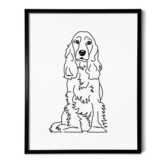 A drawing of a Cocker Spaniel dog on white linen paper in a thin black picture frame