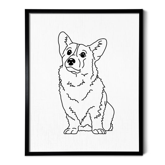 A drawing of a Corgi dog on white linen paper in a thin black picture frame