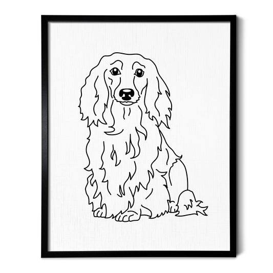 A drawing of a Long Haired Dachshund dog on white linen paper in a thin black picture frame
