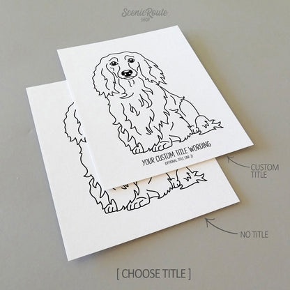 Two drawings of a Long Haired Dachshund dog on white linen paper with a gray background.  Pieces are shown with “No Title” and “Custom Title” options to illustrate the available art print options.