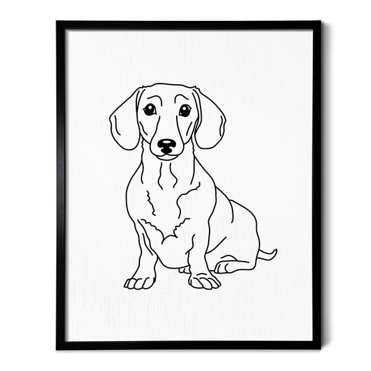 A drawing of a Dachshund dog on white linen paper in a thin black picture frame
