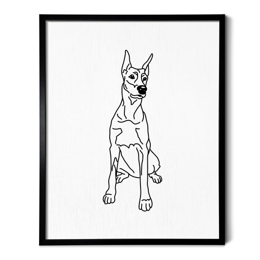A drawing of a Doberman dog on white linen paper in a thin black picture frame