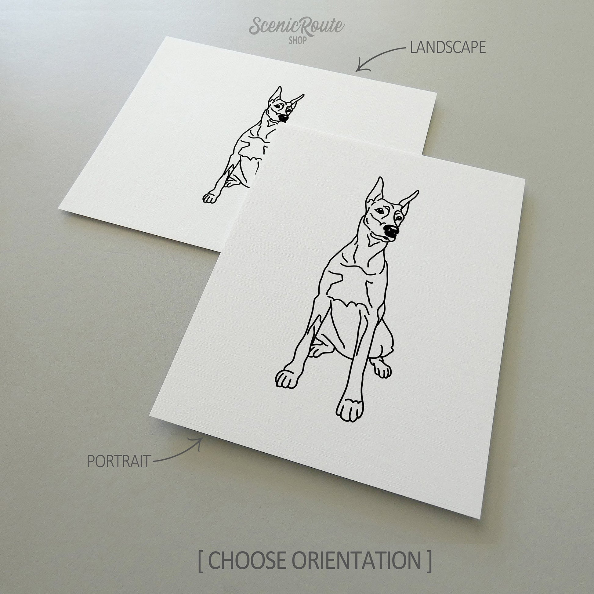 Two drawings of a Doberman dog on white linen paper with a gray background.  Pieces are shown in portrait and landscape orientation options to illustrate the available art print options.
