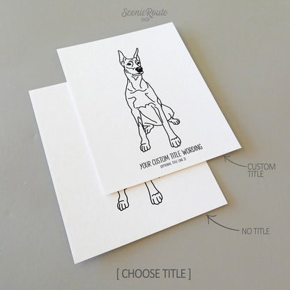 Two drawings of a Doberman dog on white linen paper with a gray background.  Pieces are shown with “No Title” and “Custom Title” options to illustrate the available art print options.