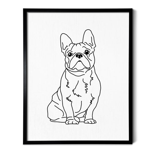 A drawing of a French Bulldog dog on white linen paper in a thin black picture frame
