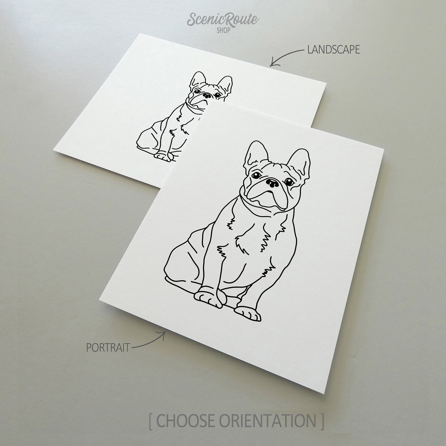 Two drawings of a French Bulldog dog on white linen paper with a gray background.  Pieces are shown in portrait and landscape orientation options to illustrate the available art print options.