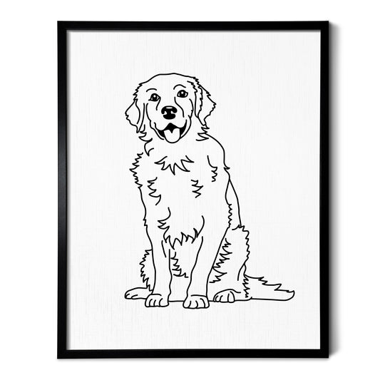 A drawing of a Golden Retriever dog on white linen paper in a thin black picture frame
