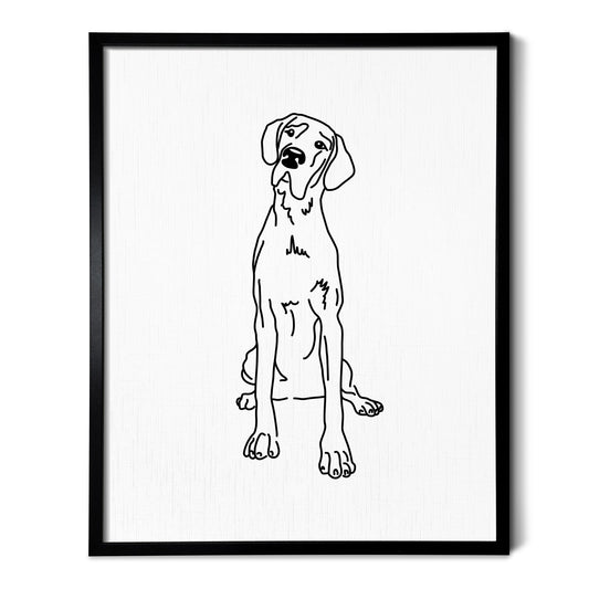 A line art drawing of a Great Dane dog on white linen paper in a thin black picture frame