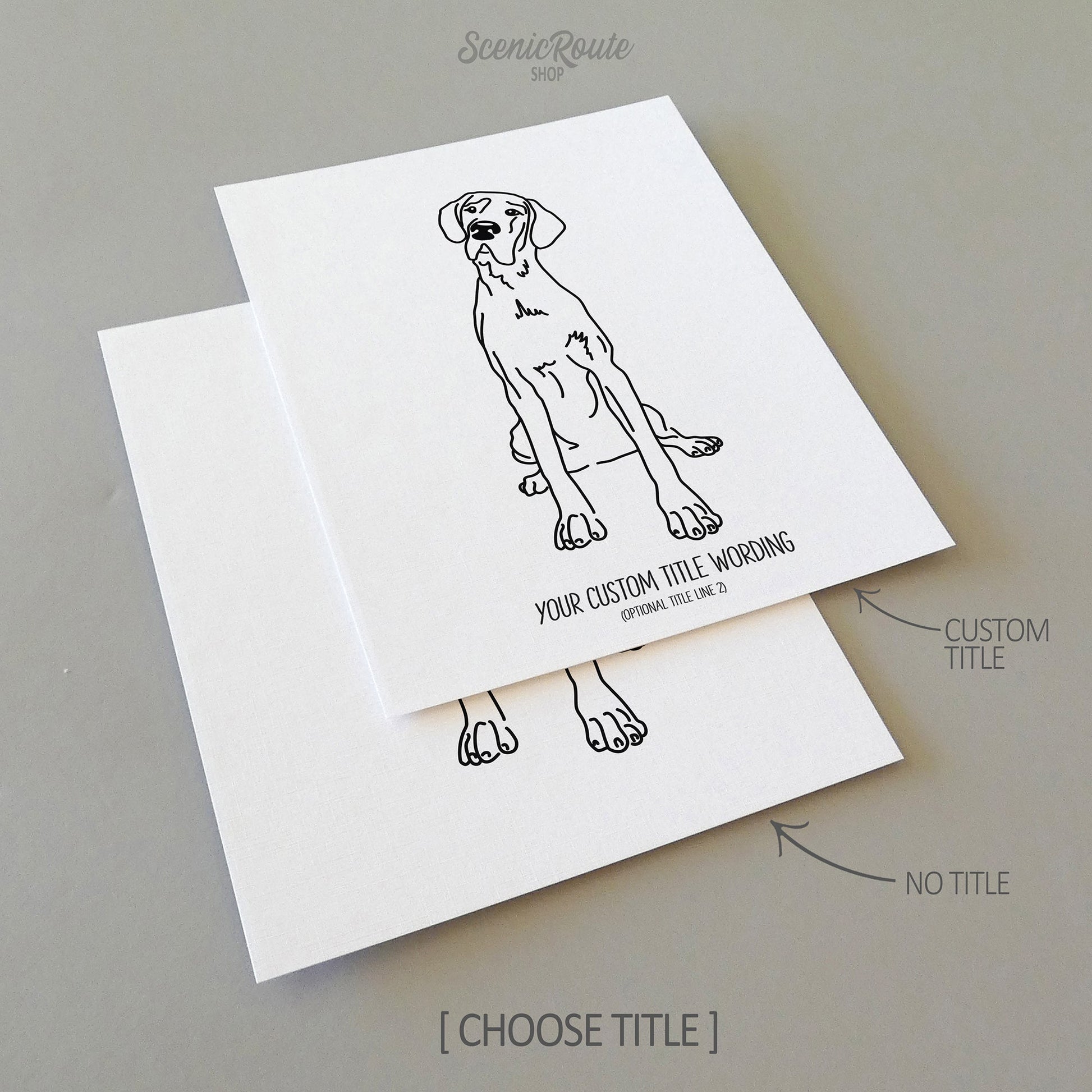 Two line art drawings of a Great Dane dog on white linen paper with a gray background.  The pieces are shown with “No Title” and “Custom Title” options for the available art print options.