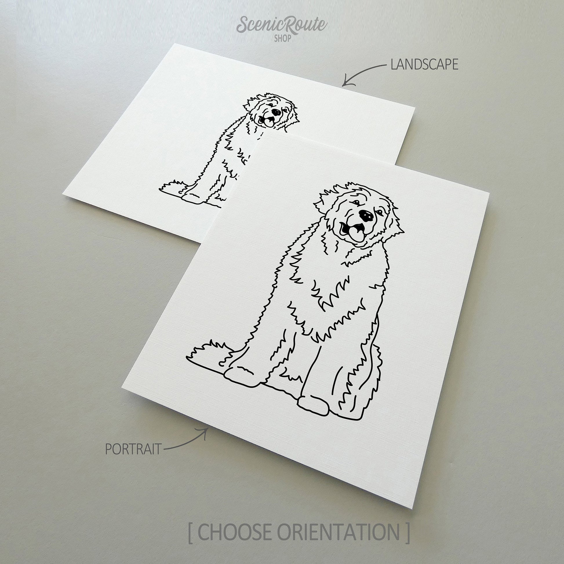 Two line art drawings of a Newfoundland dog on white linen paper with a gray background.  The pieces are shown in portrait and landscape orientation for the available art print options.
