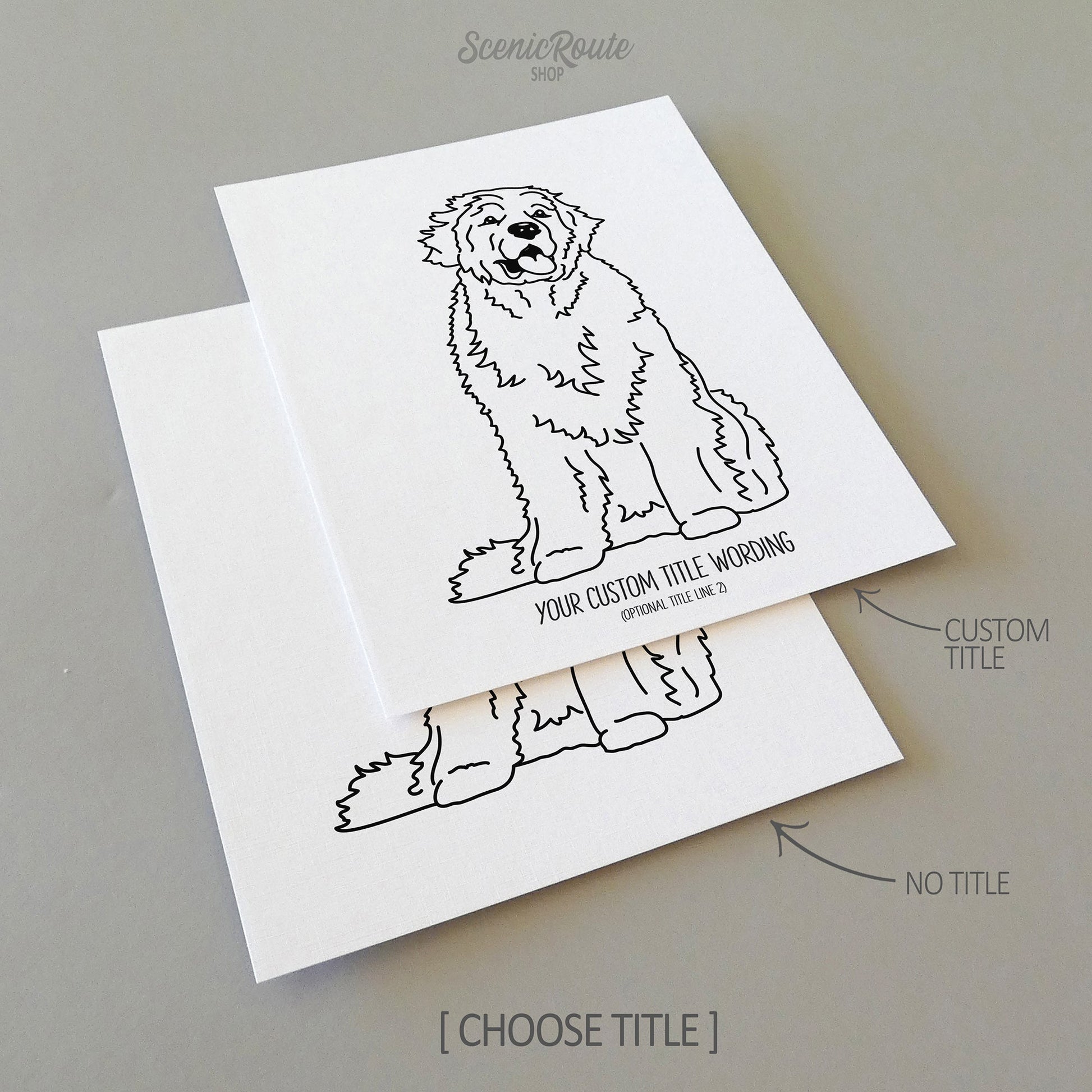Two line art drawings of a Newfoundland dog on white linen paper with a gray background.  The pieces are shown with “No Title” and “Custom Title” options for the available art print options.
