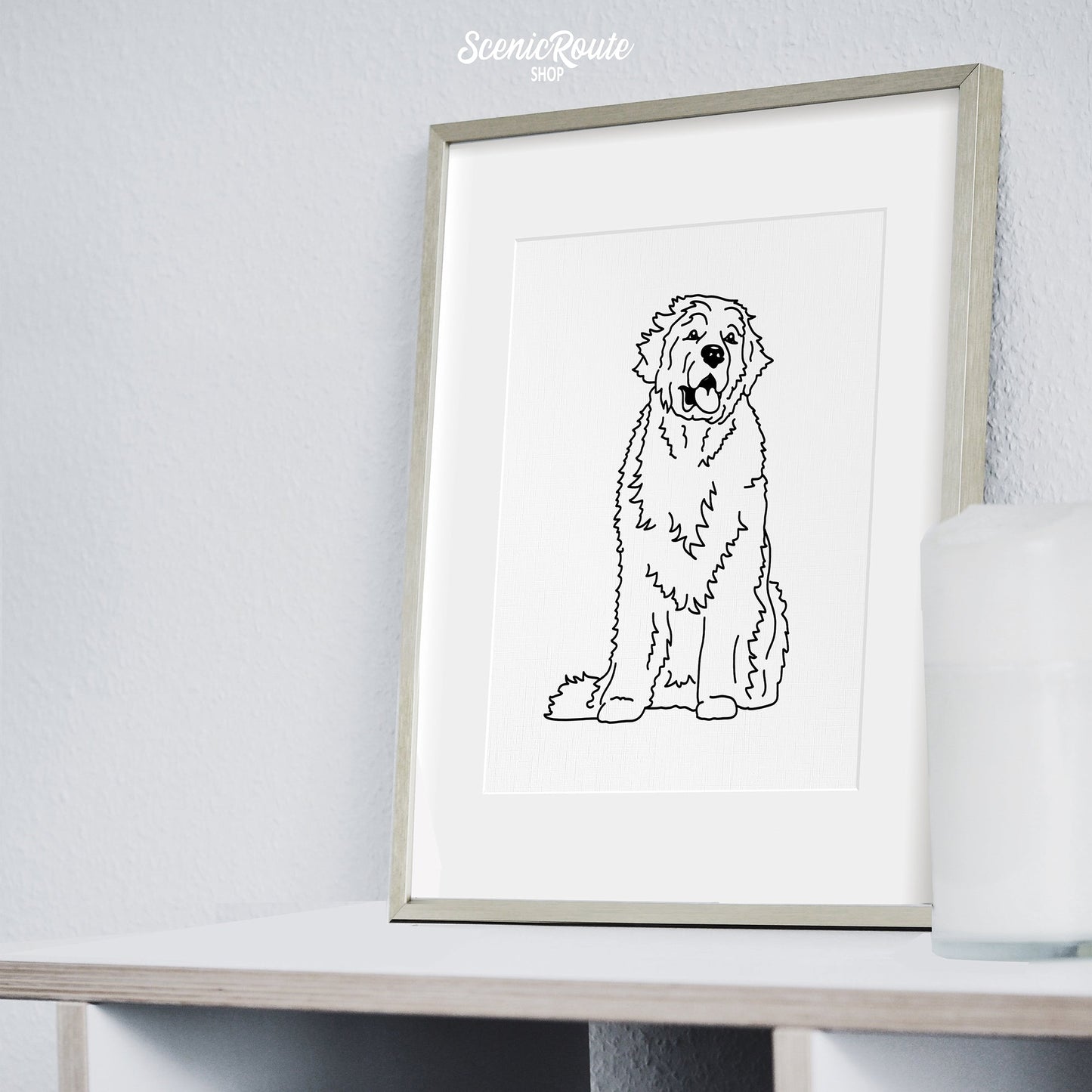 A framed line art drawing of a Newfoundland dog on a bookshelf
