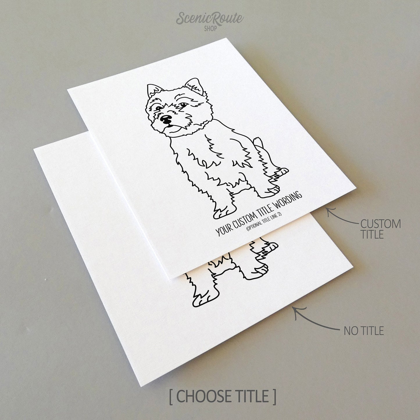 Two line art drawings of a Norwich Terrier dog on white linen paper with a gray background.  The pieces are shown with “No Title” and “Custom Title” options for the available art print options.
