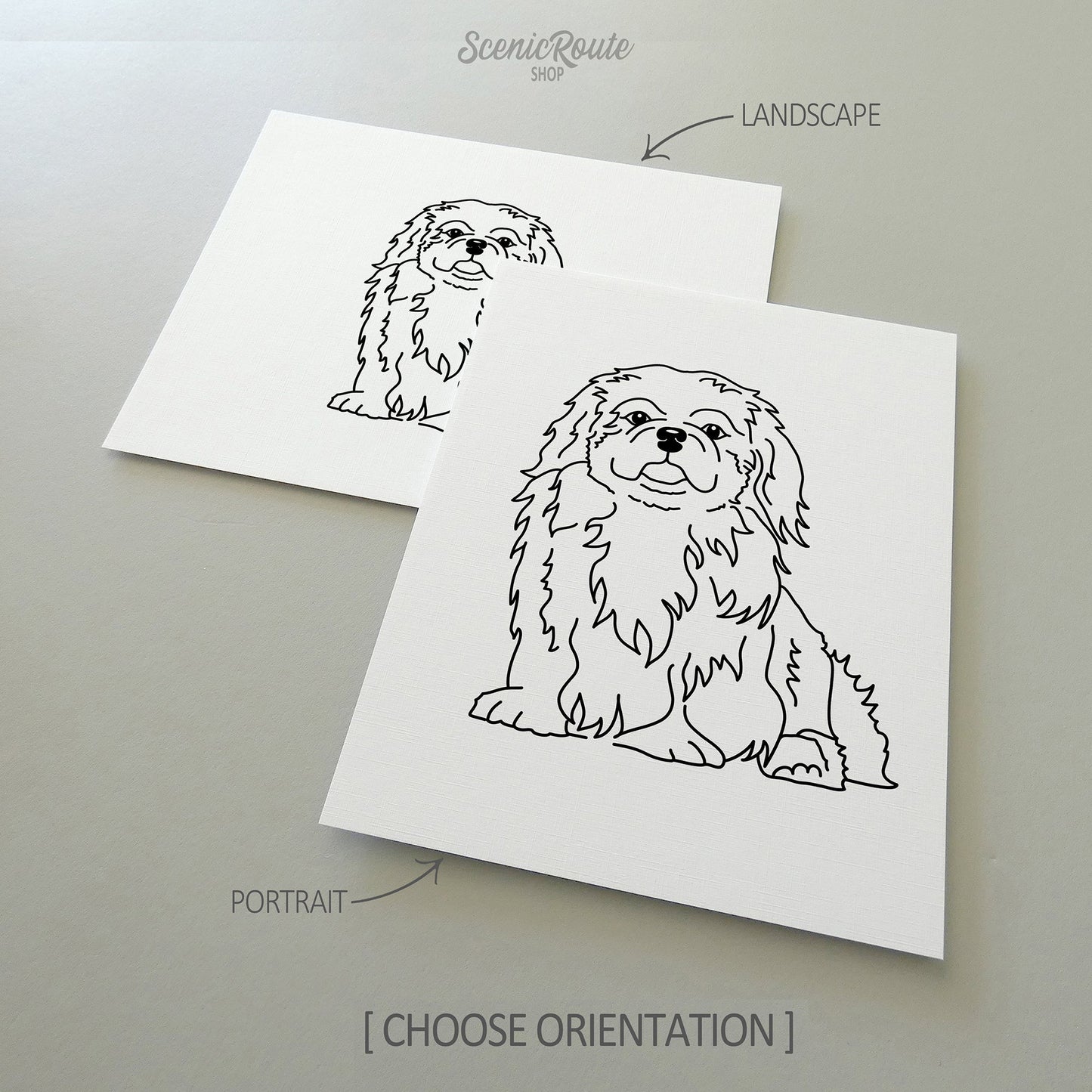 Two line art drawings of a Pekingese dog on white linen paper with a gray background.  The pieces are shown in portrait and landscape orientation for the available art print options.