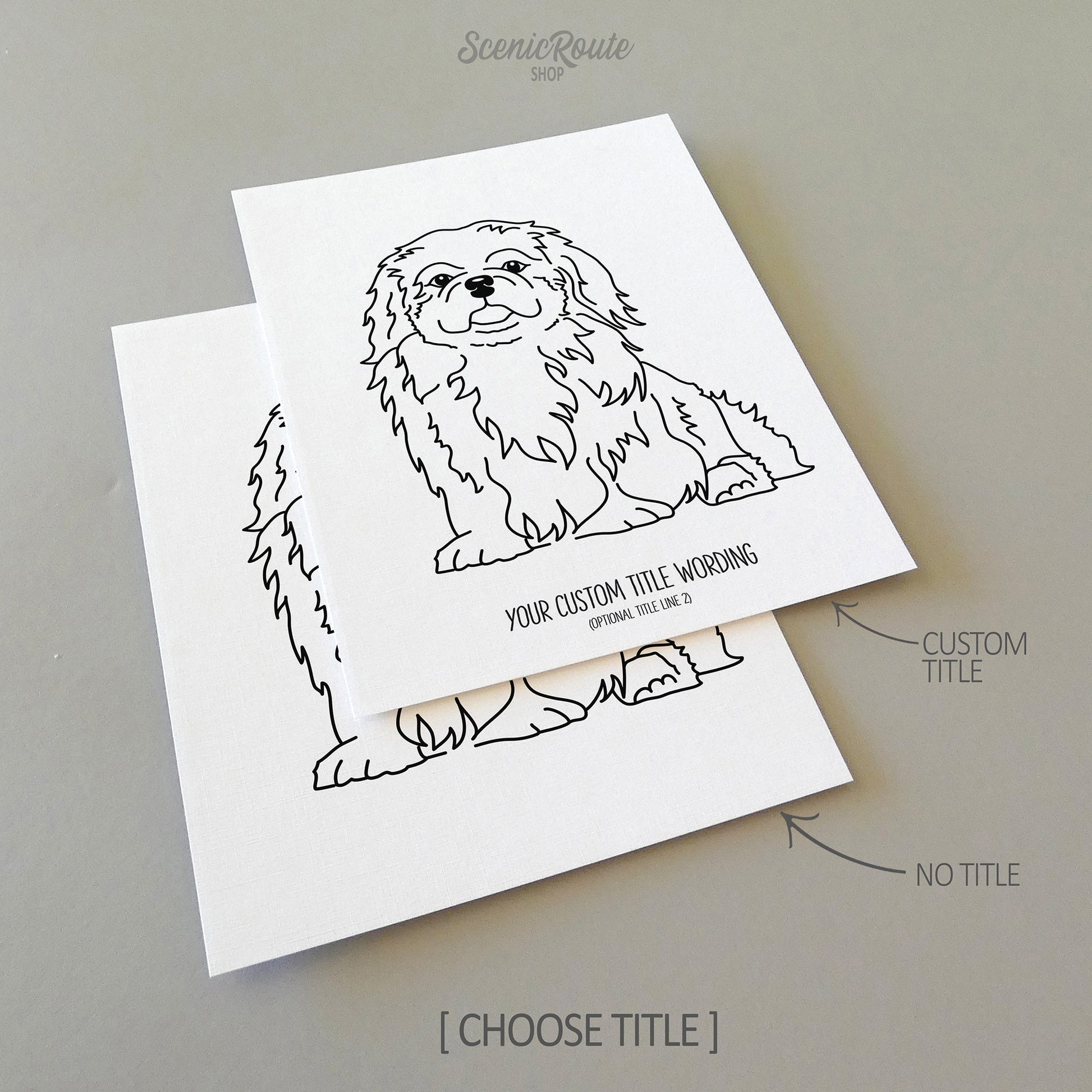 Two line art drawings of a Pekingese dog on white linen paper with a gray background.  The pieces are shown with “No Title” and “Custom Title” options for the available art print options.