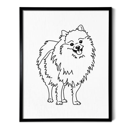 A line art drawing of a Pomeranian dog on white linen paper in a thin black picture frame