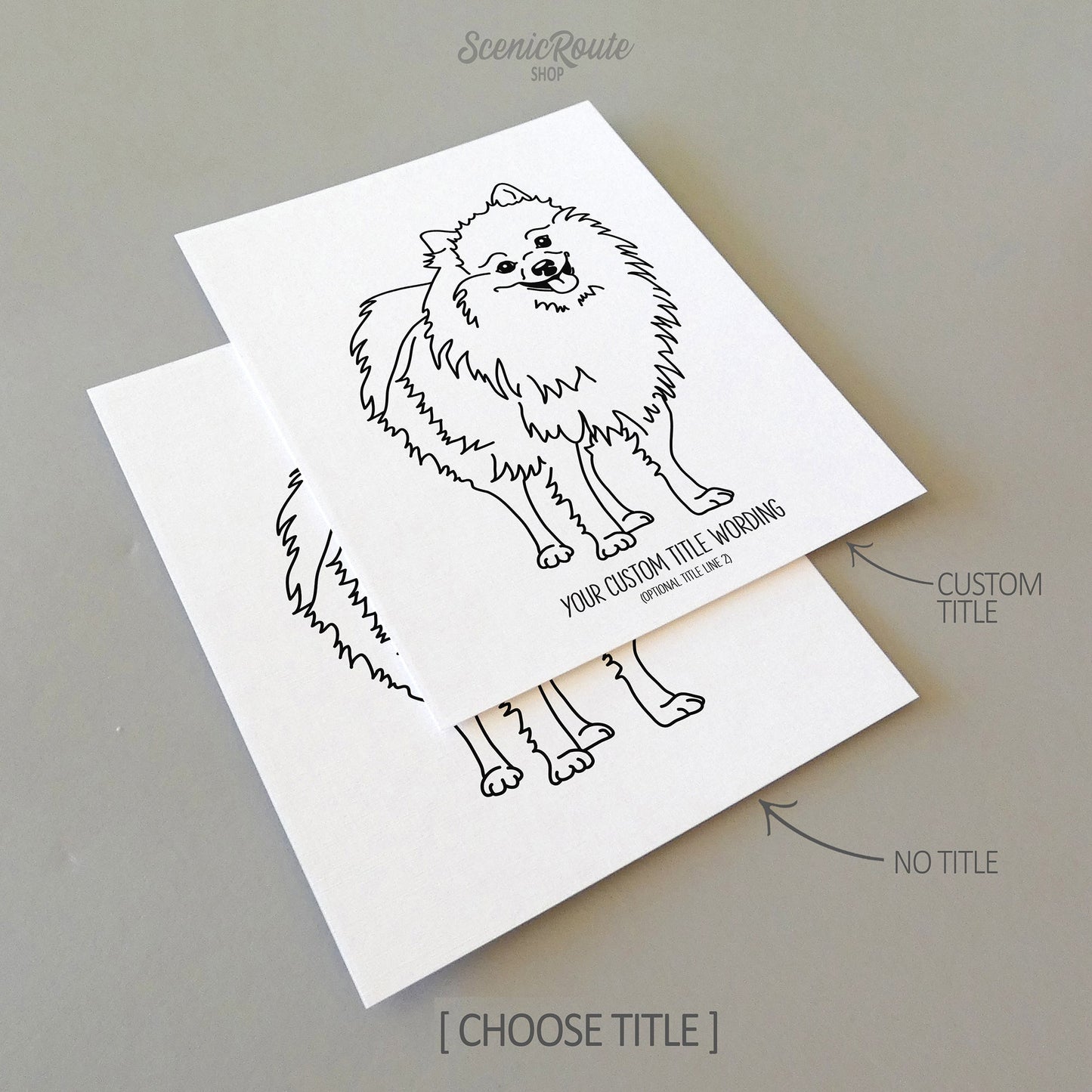 Two line art drawings of a Pomeranian dog on white linen paper with a gray background.  The pieces are shown with “No Title” and “Custom Title” options for the available art print options.