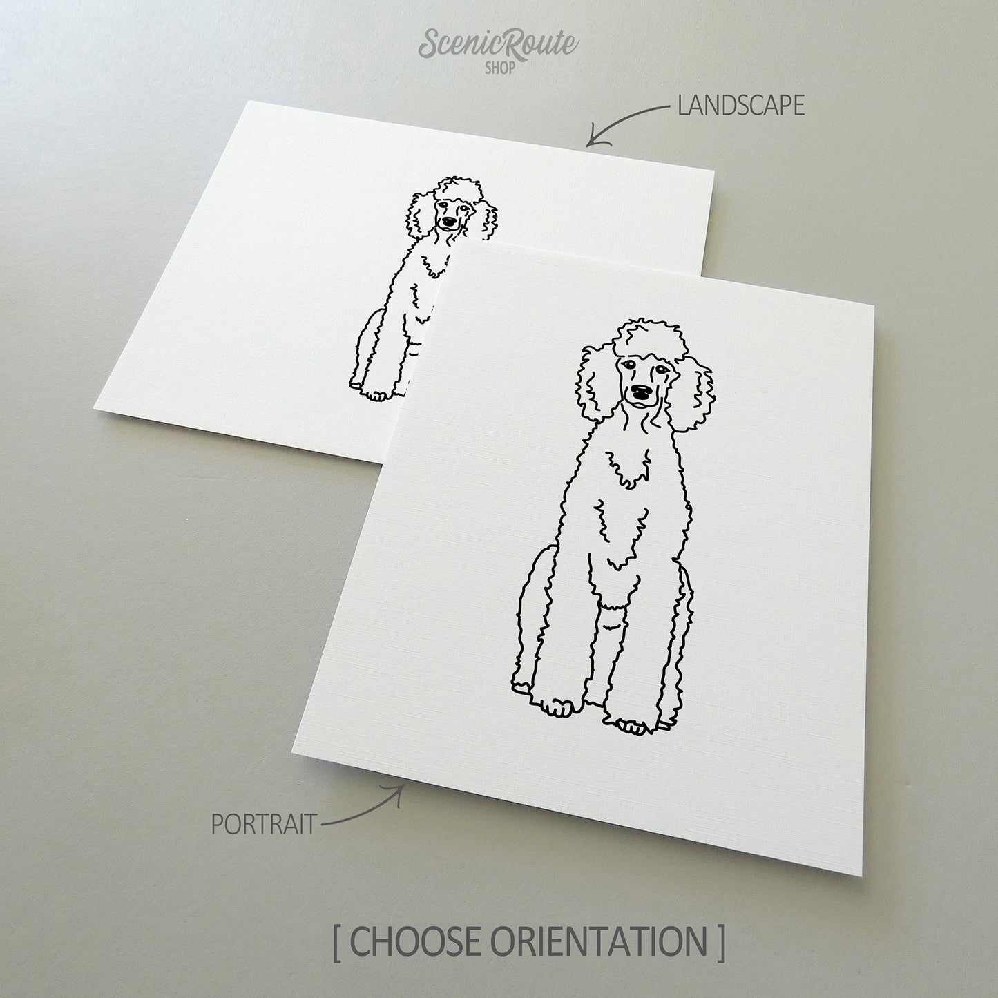 Two line art drawings of a Poodle dog on white linen paper with a gray background.  The pieces are shown in portrait and landscape orientation for the available art print options.