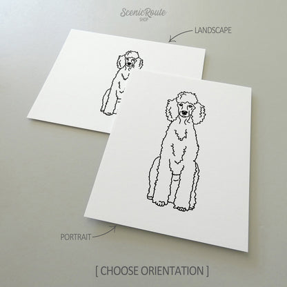 Two line art drawings of a Poodle dog on white linen paper with a gray background.  The pieces are shown in portrait and landscape orientation for the available art print options.