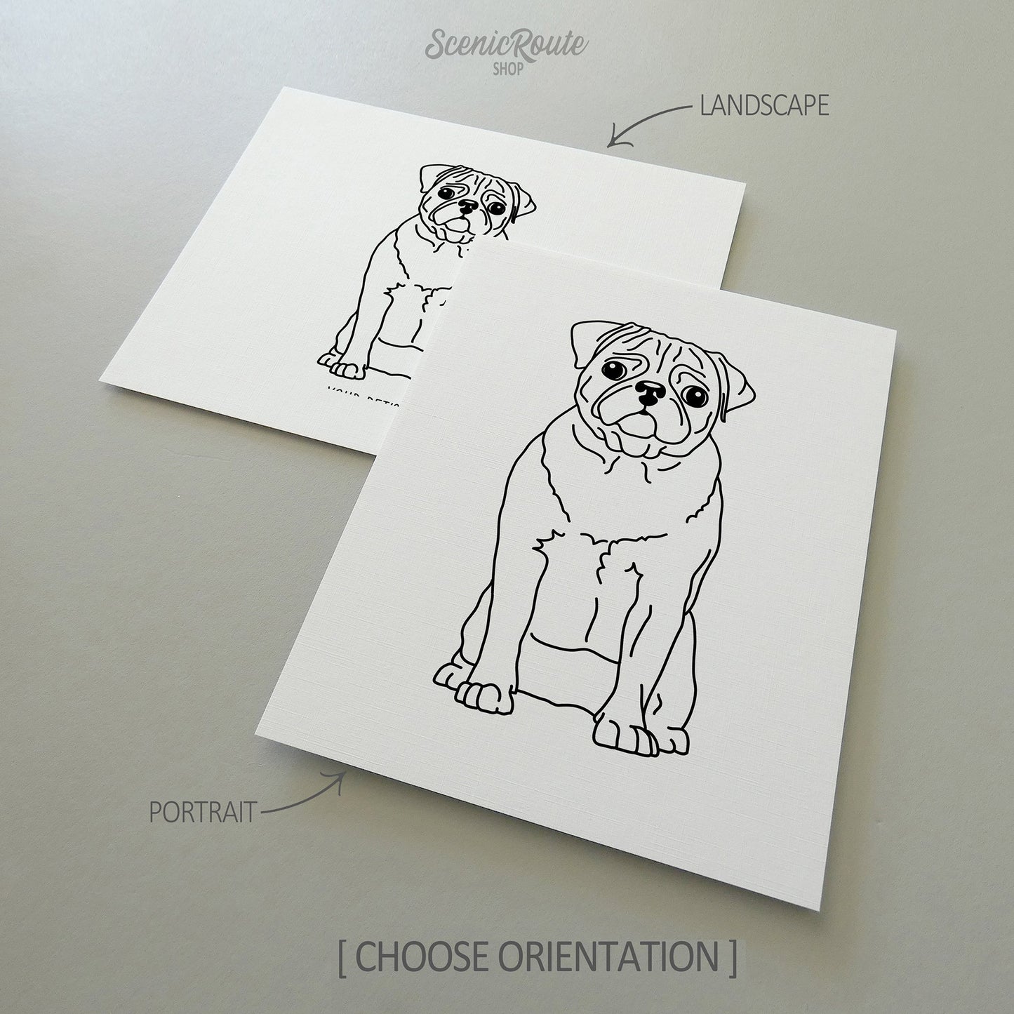Two line art drawings of a Pug dog on white linen paper with a gray background.  The pieces are shown in portrait and landscape orientation for the available art print options.