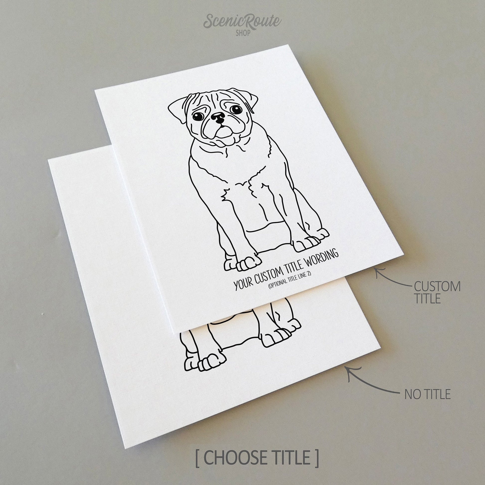 Two line art drawings of a Pug dog on white linen paper with a gray background.  The pieces are shown with “No Title” and “Custom Title” options for the available art print options.