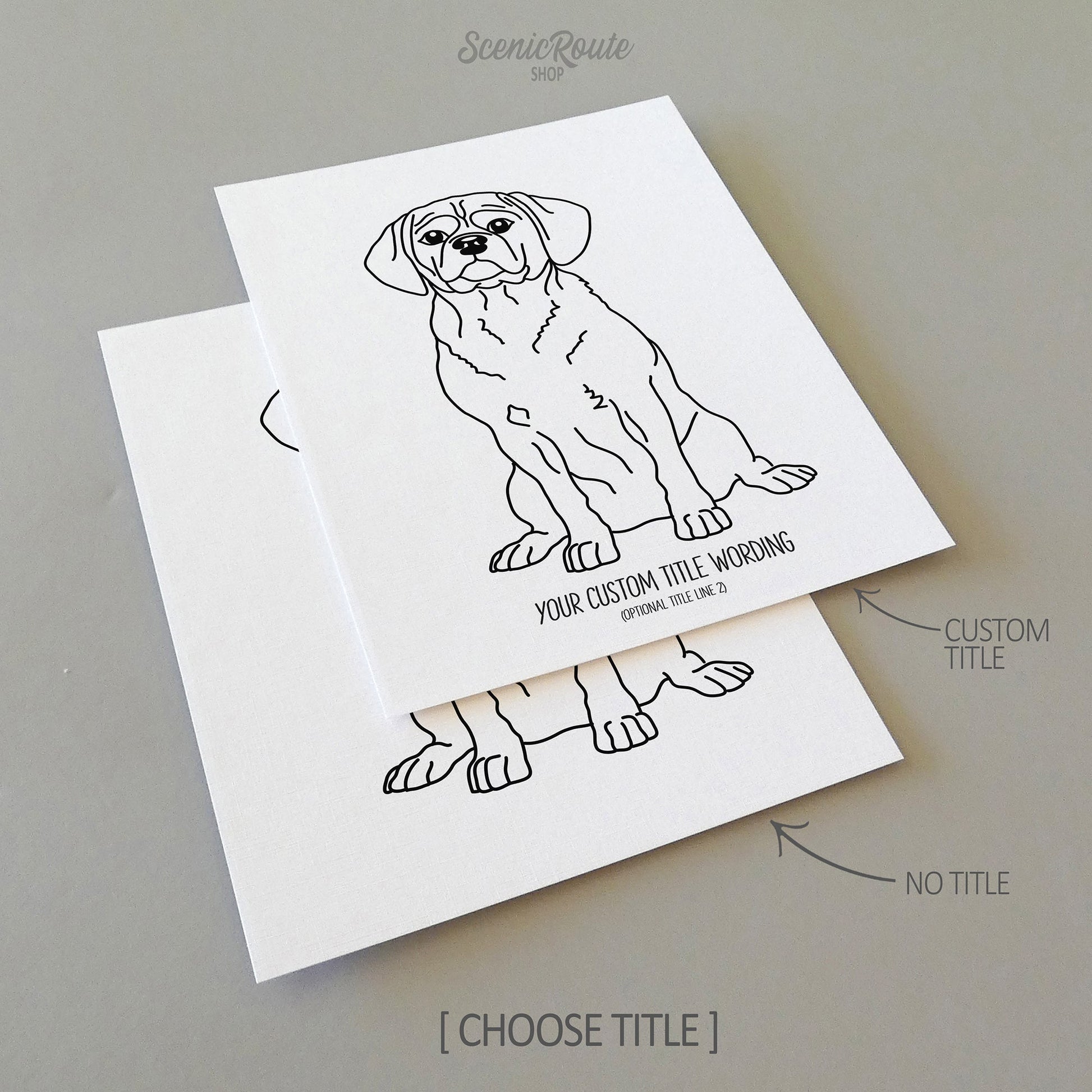Two line art drawings of a Puggle dog on white linen paper with a gray background.  The pieces are shown with “No Title” and “Custom Title” options for the available art print options.