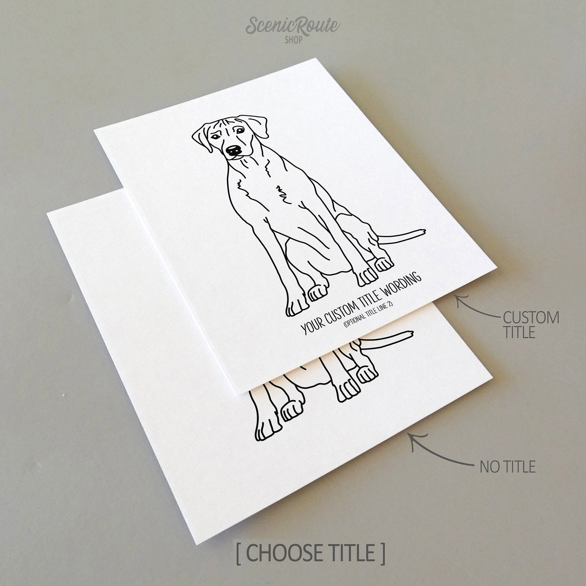 Two line art drawings of a Rhodesian Ridgeback dog on white linen paper with a gray background.  The pieces are shown with “No Title” and “Custom Title” options for the available art print options.