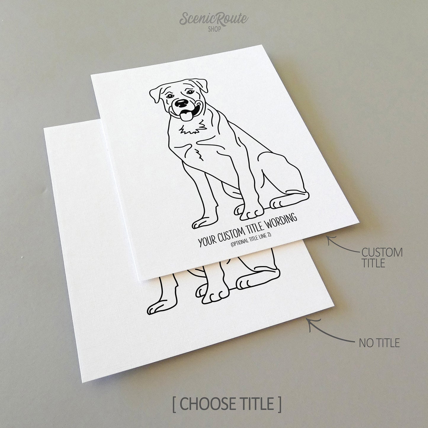 Two line art drawings of a Rottweiler dog on white linen paper with a gray background.  The pieces are shown with “No Title” and “Custom Title” options for the available art print options.