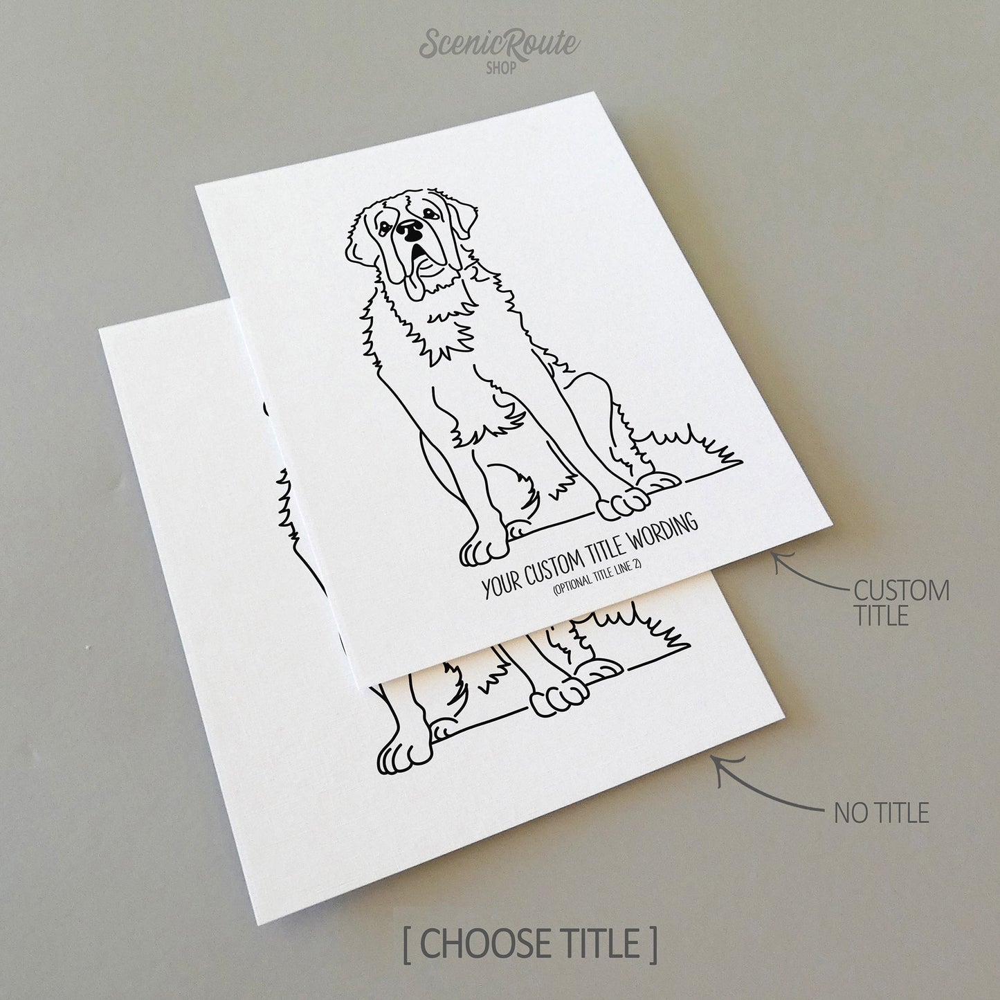 Two line art drawings of a Saint Bernard dog on white linen paper with a gray background.  The pieces are shown with “No Title” and “Custom Title” options for the available art print options.
