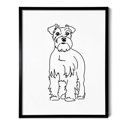 A line art drawing of a Schnauzer dog on white linen paper in a thin black picture frame